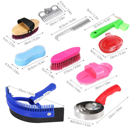 10-IN-1 Horse Grooming Tool Set Cleaning Kit Mane Tail Comb Massage Curry Brush Sweat Scraper Hoof Pick Curry Comb Scrubber