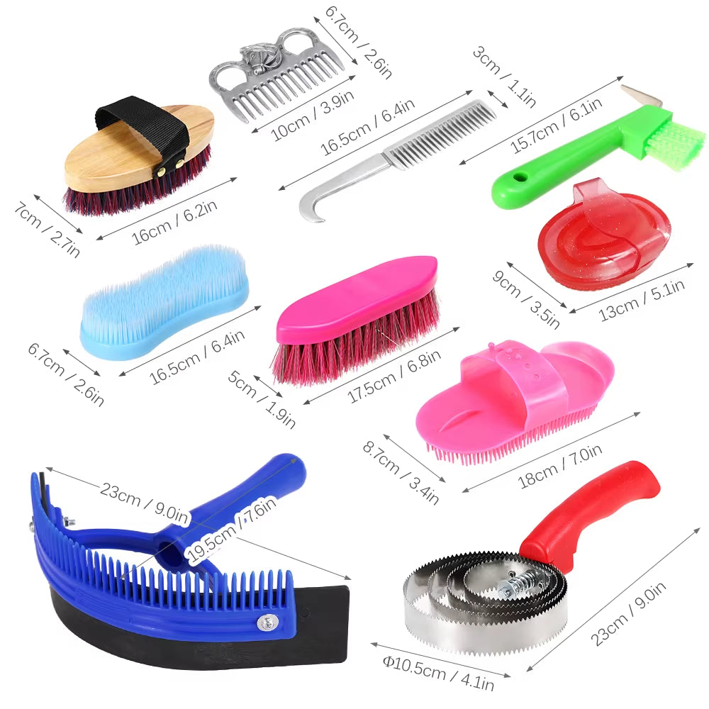 10-IN-1 Horse Grooming Tool Set Cleaning Kit Mane Tail Comb Massage Curry Brush Sweat Scraper Hoof Pick Curry Comb Scrubber